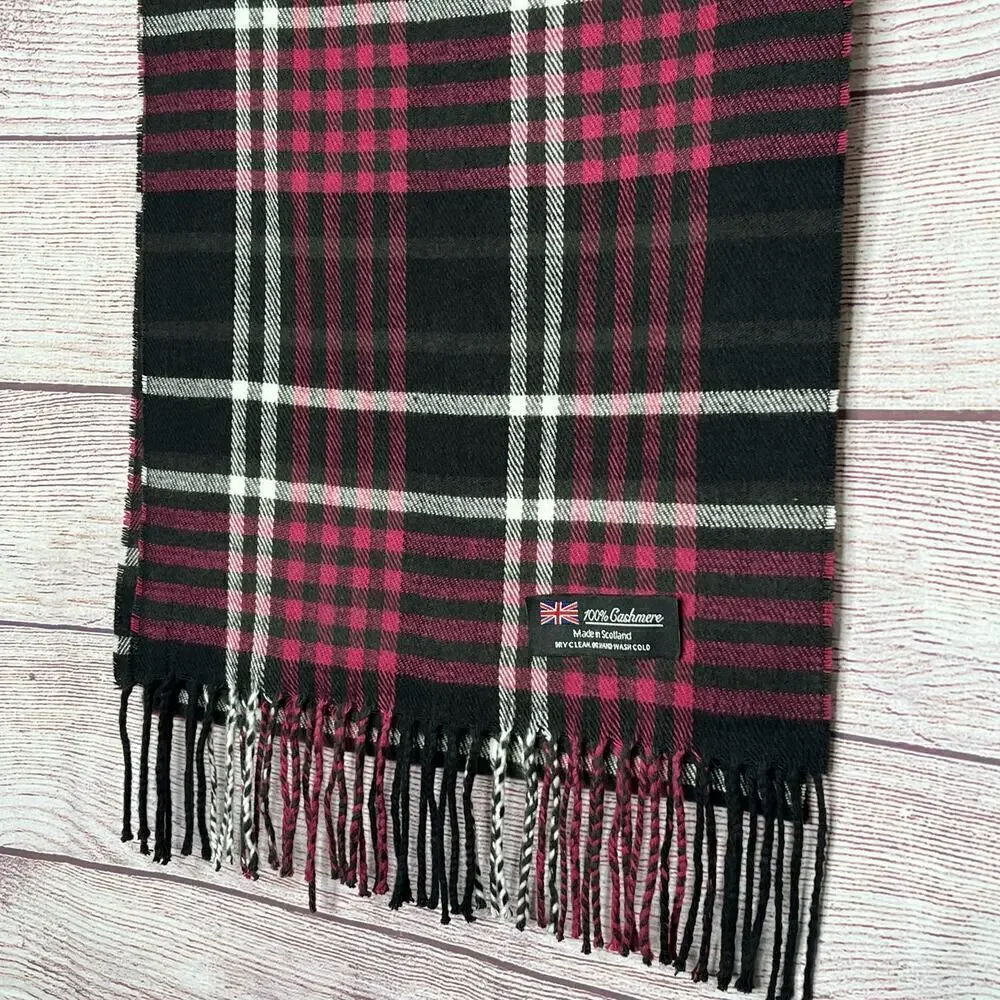 Cashmere Scarf Made in Scotland 100% Cashmere Black Purple & White Winter Cozy